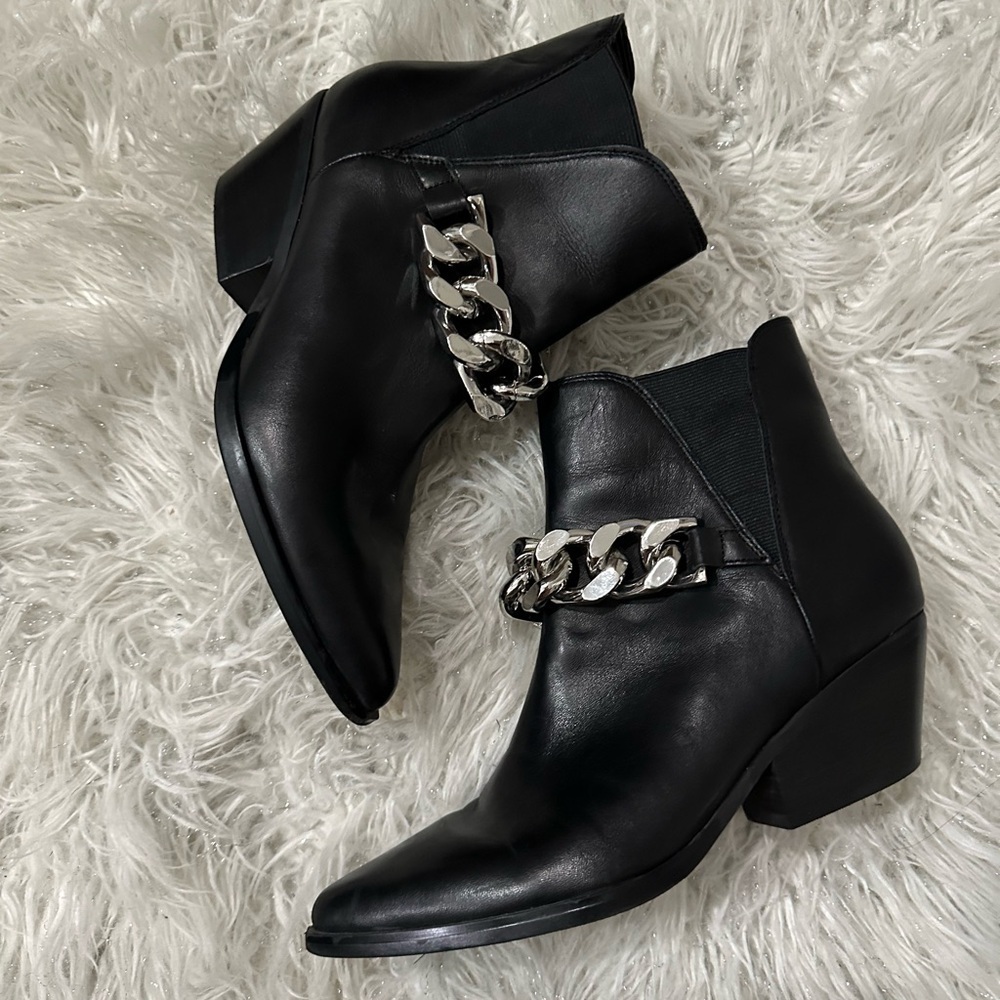 Marc Fisher Black leather Ankle Boots with Silver Chain Detail Western